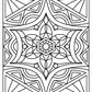 A black-and-white geometric mandala coloring page with a star-shaped design at its center. The composition features intricate overlapping shapes, including petals, and circles radiating outward. Triangular patterns and curved lines frame the star, creating a balanced and symmetrical design ideal for coloring enthusiasts.