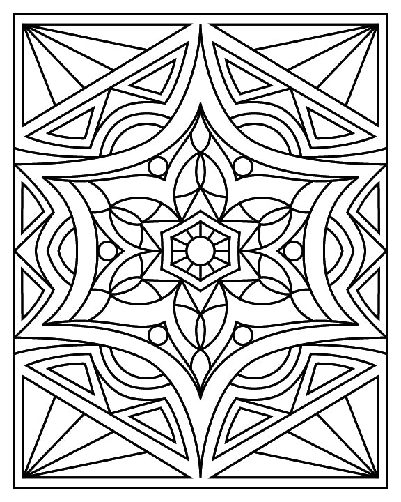 A black-and-white geometric mandala coloring page with a star-shaped design at its center. The composition features intricate overlapping shapes, including petals, and circles radiating outward. Triangular patterns and curved lines frame the star, creating a balanced and symmetrical design ideal for coloring enthusiasts.