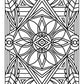 A black-and-white geometric pattern featuring a diamond-shaped central motif surrounded by symmetrical floral and leaf-like details. The intricate design includes overlapping shapes, sharp angles, and curved lines, all enclosed within a rectangular border. Ideal for coloring enthusiasts who enjoy detailed, symmetrical designs.