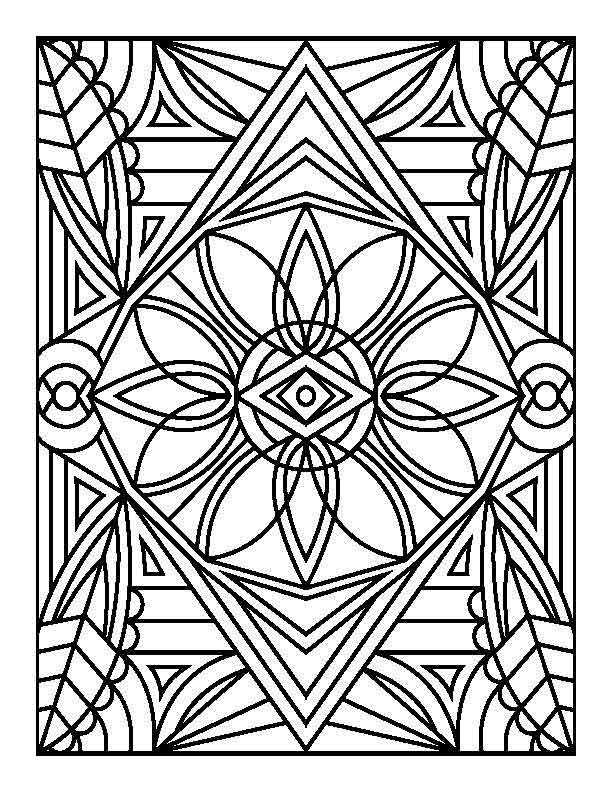 A black-and-white geometric pattern featuring a diamond-shaped central motif surrounded by symmetrical floral and leaf-like details. The intricate design includes overlapping shapes, sharp angles, and curved lines, all enclosed within a rectangular border. Ideal for coloring enthusiasts who enjoy detailed, symmetrical designs.