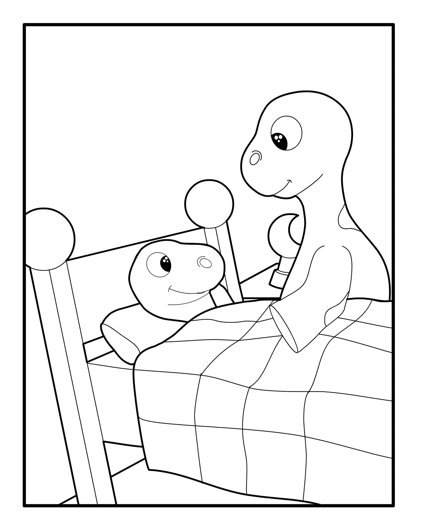 A black and white coloring page featuring a content cartoon dinosaur being tucked into bed by his mom. The little dino, with a gentle smile, is  sitting up in bed, creating a warm, bedtime scene. This inviting image encourages children to add colors and bring the cozy bedtime story to life.