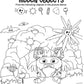 This hidden object activity page titled 'Hidden Objects.' The instructions challenge readers to locate specific items within the detailed illustration. At the top are small drawings of the objects to find. The main image shows a large, playful monster with horns standing in front of a rocky cave, surrounded by trees, shrubs, and other elements where the objects are cleverly hidden.