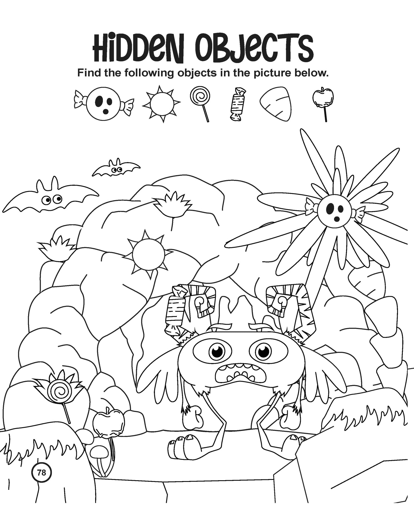 This hidden object activity page titled 'Hidden Objects.' The instructions challenge readers to locate specific items within the detailed illustration. At the top are small drawings of the objects to find. The main image shows a large, playful monster with horns standing in front of a rocky cave, surrounded by trees, shrubs, and other elements where the objects are cleverly hidden.