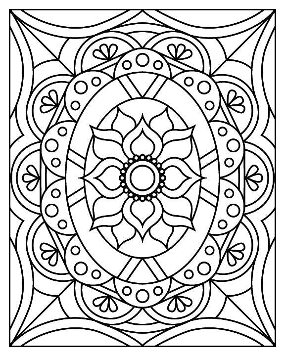 
A black-and-white mandala coloring page featuring a central oval shape surrounded by floral and geometric patterns. At the heart of the design is a flower-like motif with petals radiating around a circular center. The surrounding elements include small circular accents, fan-like shapes, and intricate arches, creating a symmetrical and balanced composition perfect for coloring enthusiasts.