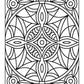 
A black-and-white geometric design featuring a central circular pattern with symmetrical details extending outward. The design incorporates layered arcs, pointed shapes, and curved lines arranged within a bold rectangular frame. The intricate, symmetrical composition makes it ideal for coloring enthusiasts seeking precision and creativity.