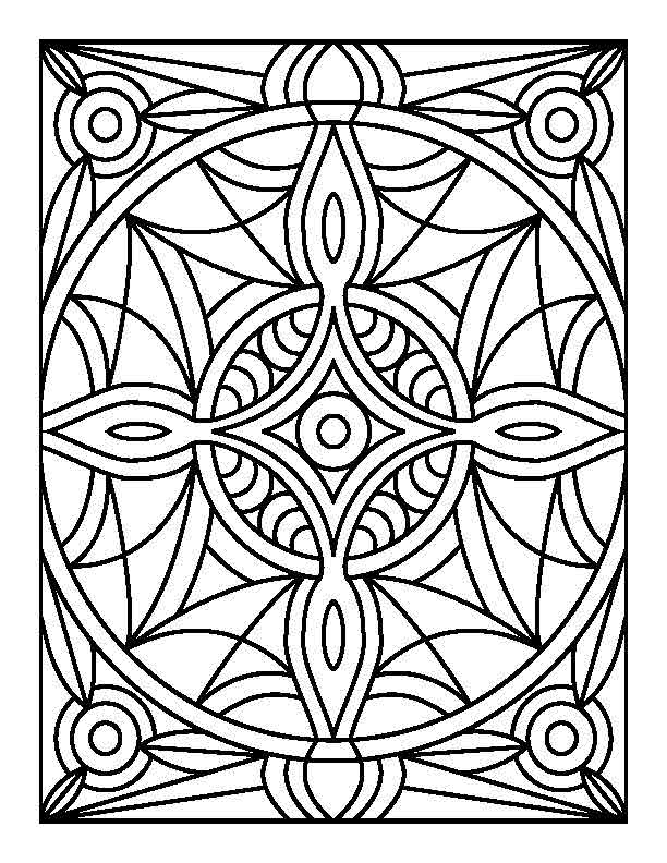 
A black-and-white geometric design featuring a central circular pattern with symmetrical details extending outward. The design incorporates layered arcs, pointed shapes, and curved lines arranged within a bold rectangular frame. The intricate, symmetrical composition makes it ideal for coloring enthusiasts seeking precision and creativity.