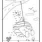 The image displays a connect-the-dots activity featuring a cheerful dinosaur swinging from a tree branch. Numbers 1 to 40 guide the connections around the swinging dinosaur, set against a backdrop of clouds and flying birds. The scene includes details like grass and small plants, providing an engaging and educational outdoor setting for children.