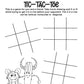 Activity page featuring the title 'Tic-Tac-Toe' at the top. Instructions explain the classic two-player game of drawing X's and O's to achieve three in a row vertically, horizontally, or diagonally. Three blank tic-tac-toe grids are arranged across the page. In the bottom left corner, two playful cartoon monsters are illustrated: a small, round creature with round horns and a toothy grin, and a tall, thin monster with horns and long thin arms.