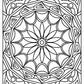 A black-and-white mandala coloring page featuring a detailed circular design. The centerpiece consists of a flower-like pattern with elongated petals radiating around a small central circle. Surrounding the center are layers of scalloped, geometric, and triangular shapes, creating a symmetrical and intricate design. Additional accents, such as circles and triangles, frame the outer edge, making it ideal for coloring enthusiasts to bring to life with vibrant colors.