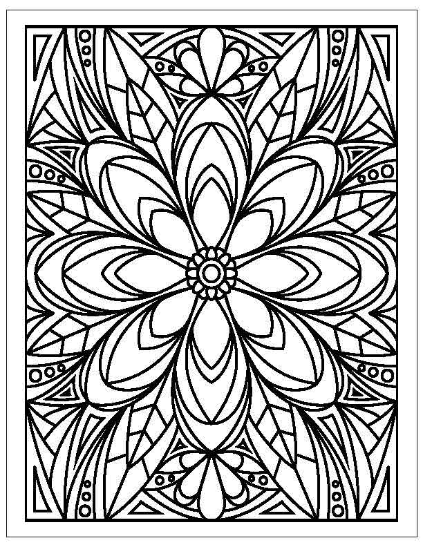 
A detailed black-and-white mandala design with intricate patterns of petals, leaves, and geometric shapes radiating symmetrically from a circular center. The design is framed by a bold rectangular border, emphasizing the symmetry and complexity of the artwork, perfect for coloring enthusiasts.