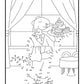 The image displays a connect-the-dots activity page featuring a joyful dinosaur dressed as a waiter. The dinosaur is serving a tray with a tall stack of elaborately decorated doughnuts. The numbers for the dot-to-dot activity are scattered throughout the drawing, inviting engagement to reveal the full image. The scene is set against a background with curtains, suggesting a cozy, indoor setting. The overall theme mixes a playful dinosaur character with a whimsical food service scenario, ideal for a children