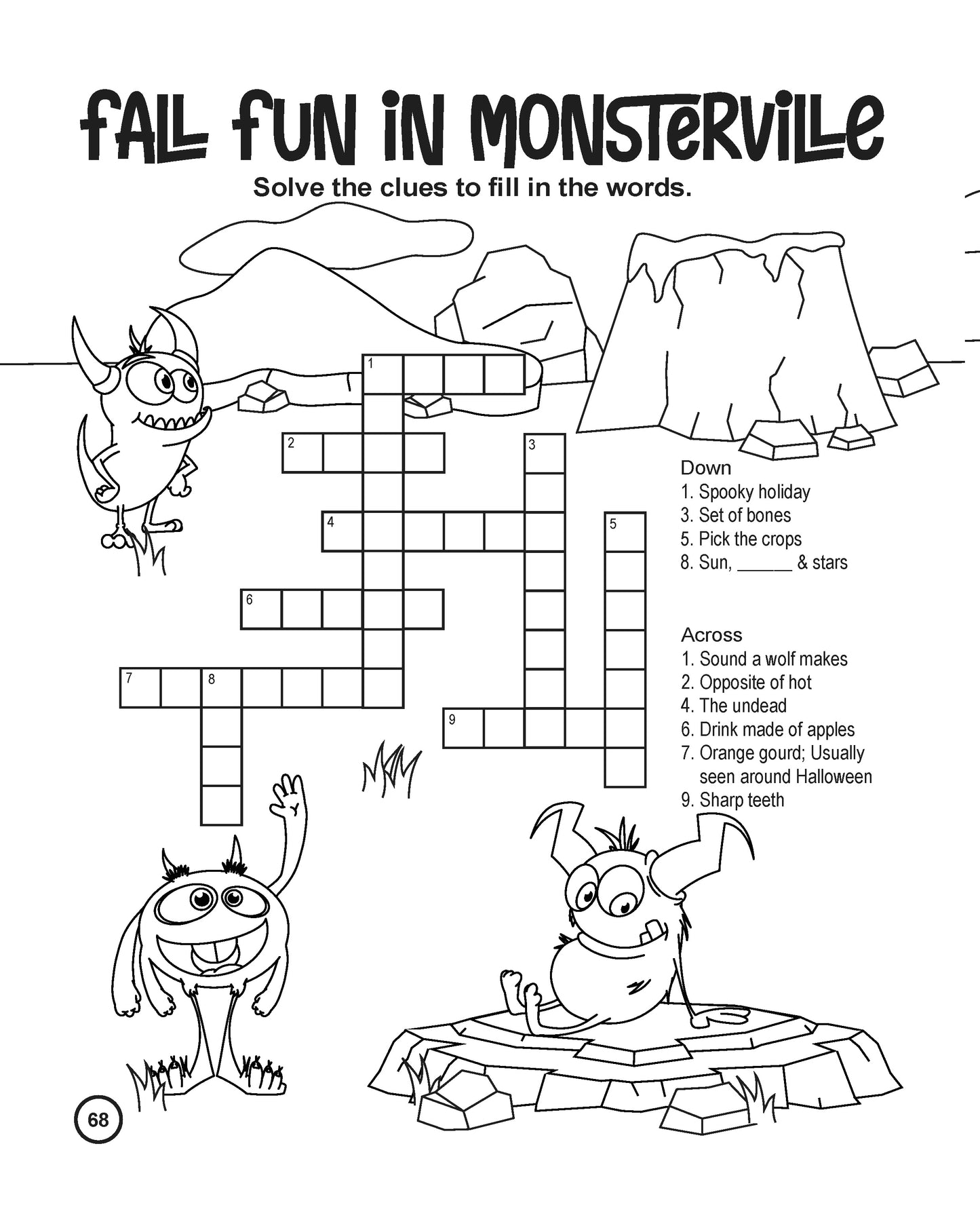 Activity page titled 'Fall Fun in Monsterville,' featuring a crossword puzzle with themed clues such as 'Spooky holiday' and 'Orange gourd.' The page includes three playful cartoon monsters: one with horns on the left, another waving enthusiastically in the center, and a third sitting on a stone platform to the right. The background depicts a fun, rocky outdoor scene.