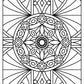 A black-and-white mandala coloring page showcasing a circular centerpiece adorned with floral patterns, including small flowers and leaf-like shapes. The intricate design radiates outward with geometric sections and repeating symmetrical elements. Surrounding the circle are triangular and diamond-shaped patterns, along with rays and curved lines that give a stained-glass window effect. This page is perfect for creating vibrant, colorful artwork.
