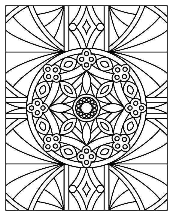 A black-and-white mandala coloring page showcasing a circular centerpiece adorned with floral patterns, including small flowers and leaf-like shapes. The intricate design radiates outward with geometric sections and repeating symmetrical elements. Surrounding the circle are triangular and diamond-shaped patterns, along with rays and curved lines that give a stained-glass window effect. This page is perfect for creating vibrant, colorful artwork.
