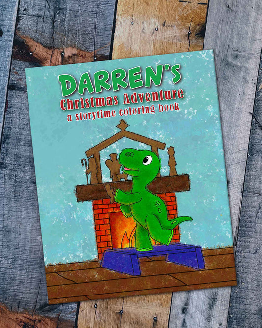 Children's coloring book titled 'Darren's Christmas Adventure' on a wooden surface