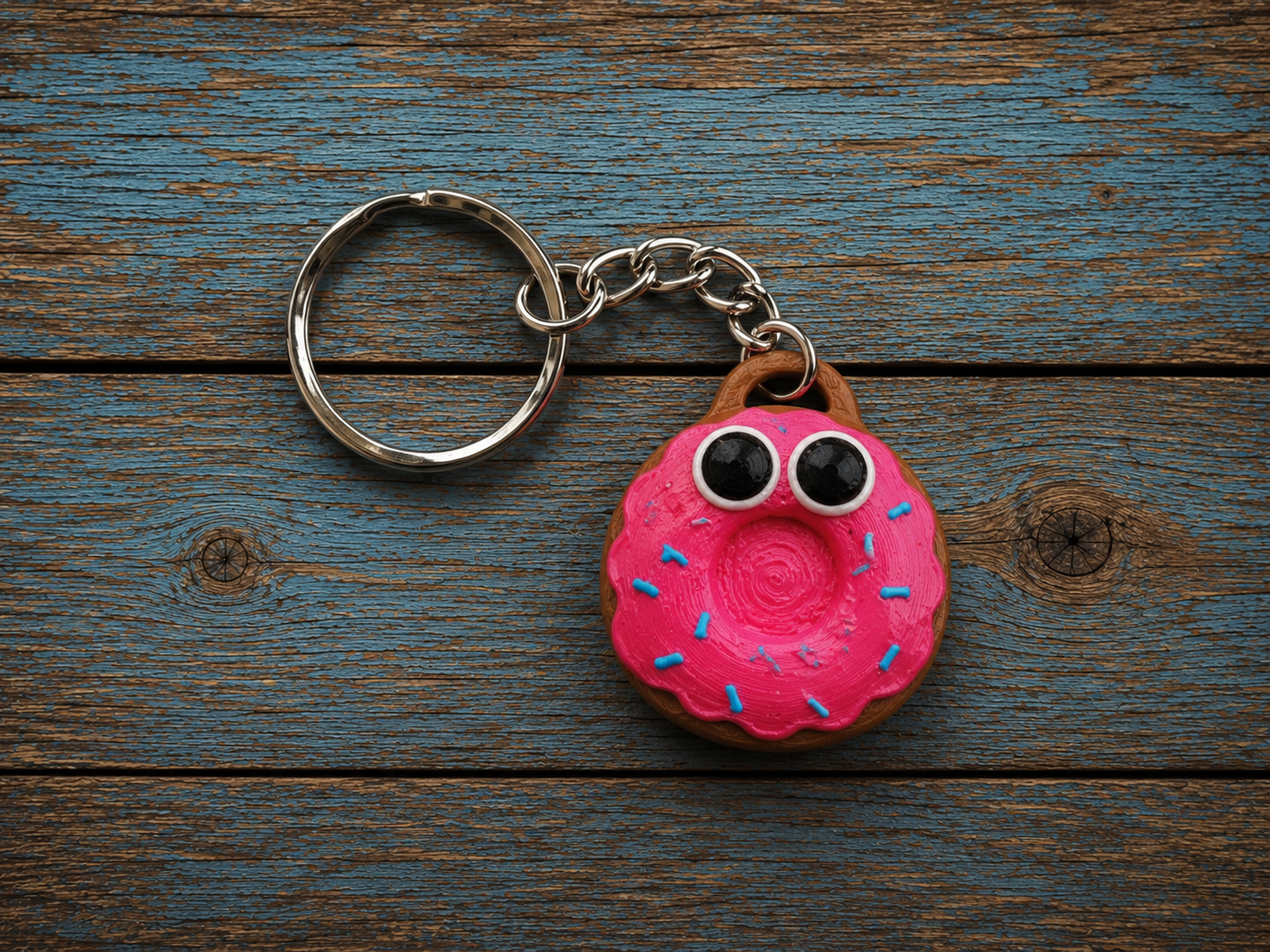 Pink donut keychain on rustic blue wood planks