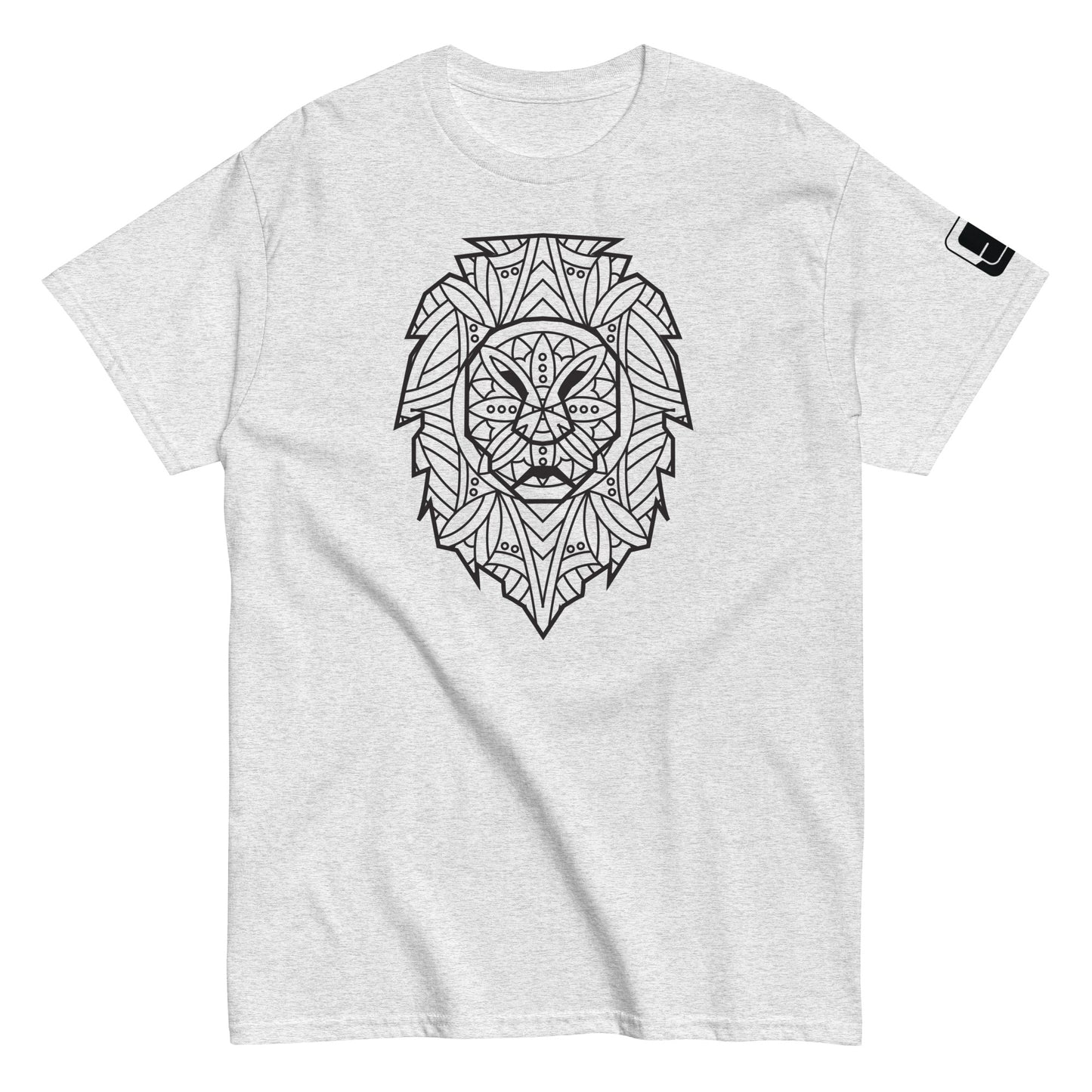 Heather Ash Colored t-shirt with a large black geometric lion head design on the chest and a small square logo patch on the sleeve, against a white background.