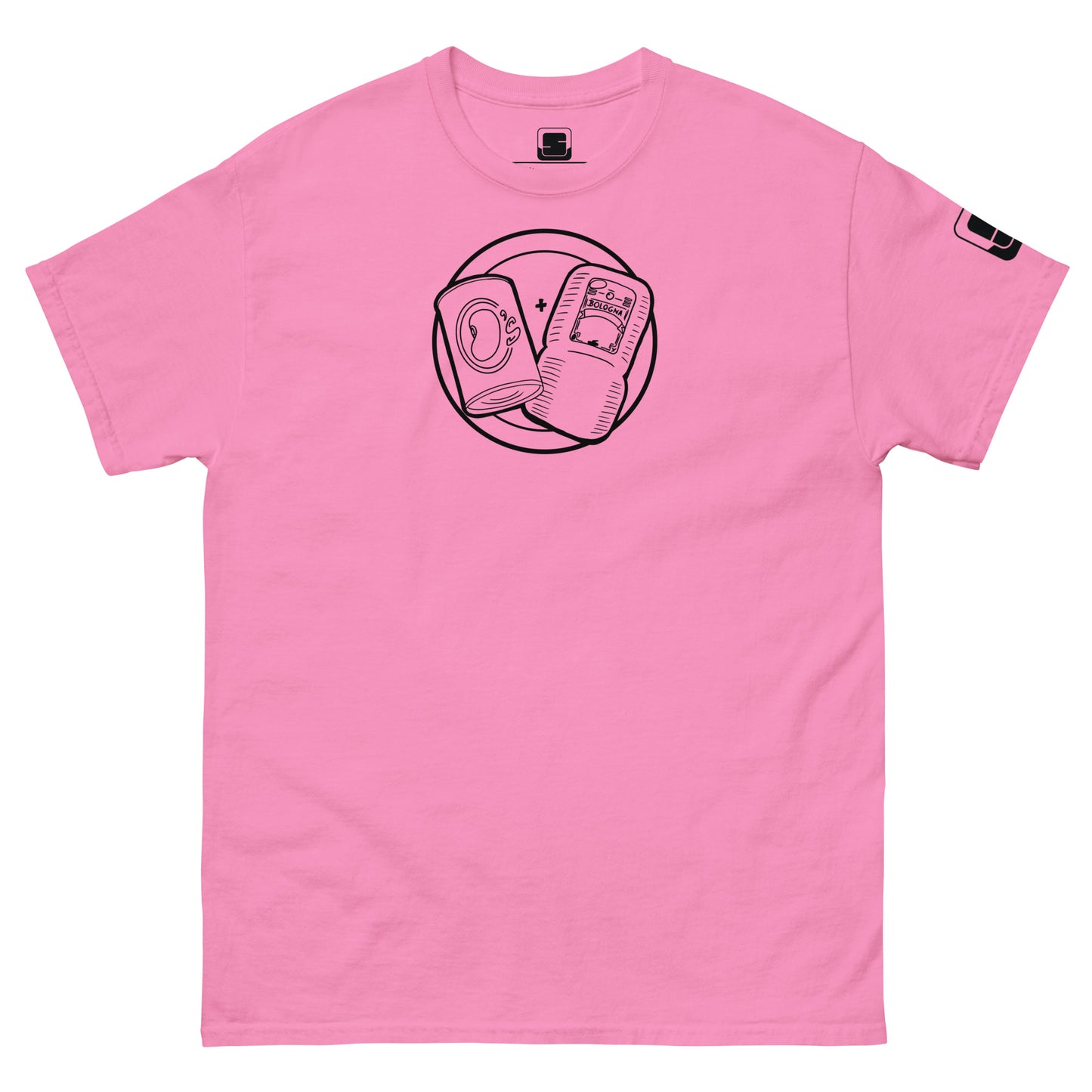  A bright pink t-shirt is displayed flat, featuring a circular emblem in black line art on the chest. The emblem depicts a can of beans and a packet of bologna with a "+" sign between them. The right sleeve has a small black logo patch. The playful graphic stands out against the vibrant pink background, creating a stylish and fun vibe while emphasizing the t-shirt's relaxed and casual design.