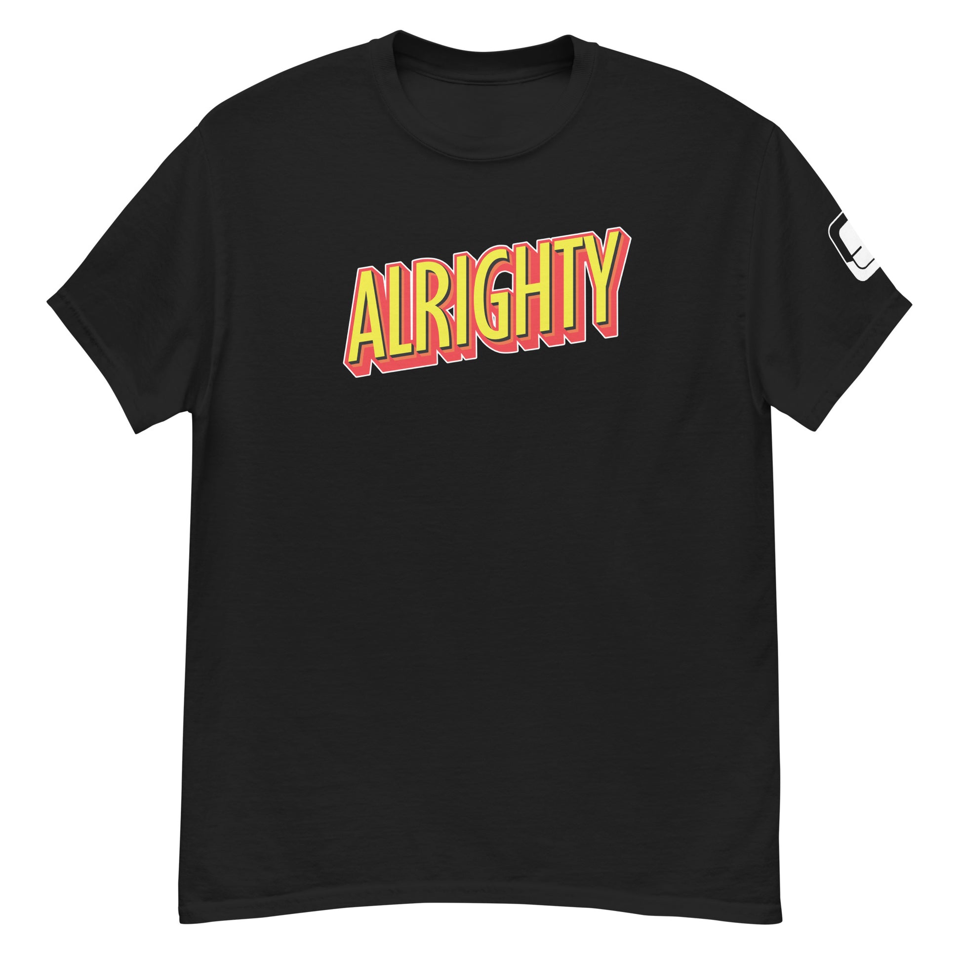 Black t-shirt with the word 'ALRIGHTY' printed in a bold, red and yellow sans-serif font, featuring a small logo patch on the sleeve, laid flat against a white background.