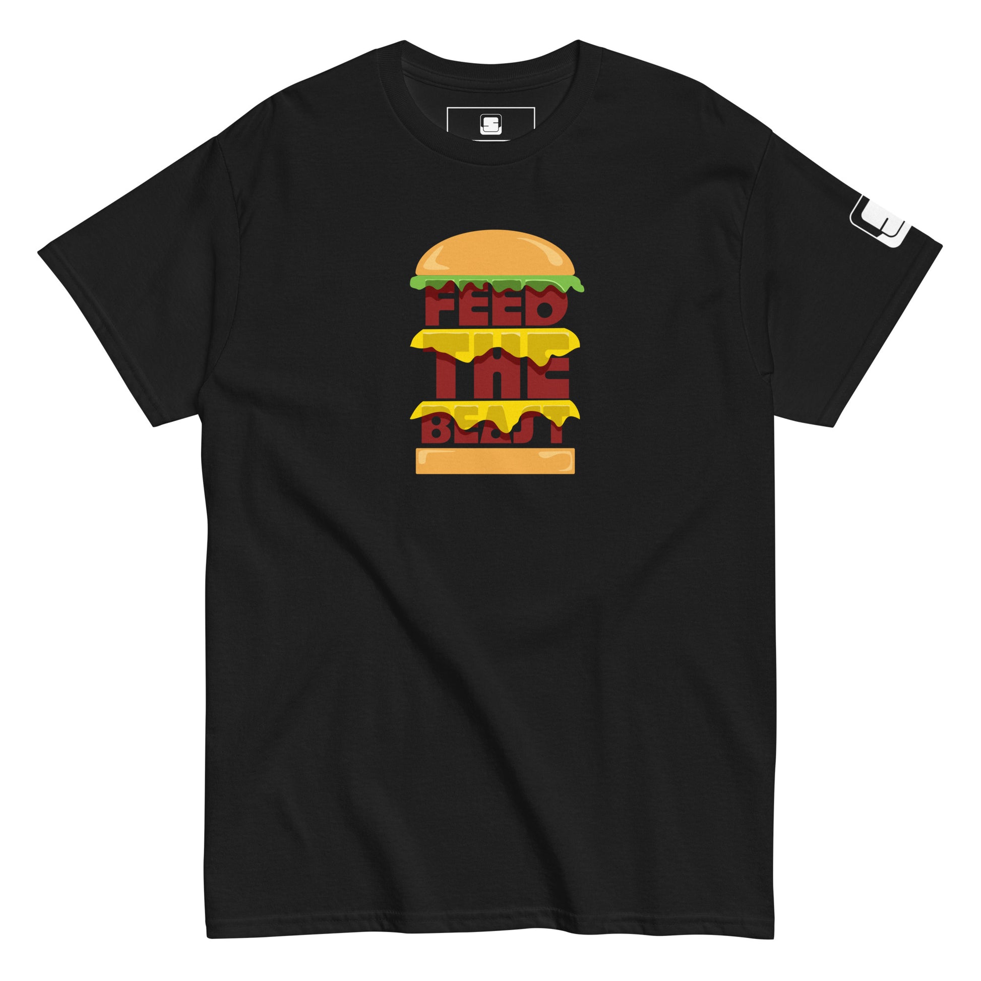 Black t-shirt with 'FEED THE BEAST' in bold, stacked yellow and red lettering embedded in a detailed burger graphic, featuring a small logo patch on the sleeve, presented on a plain white background.
