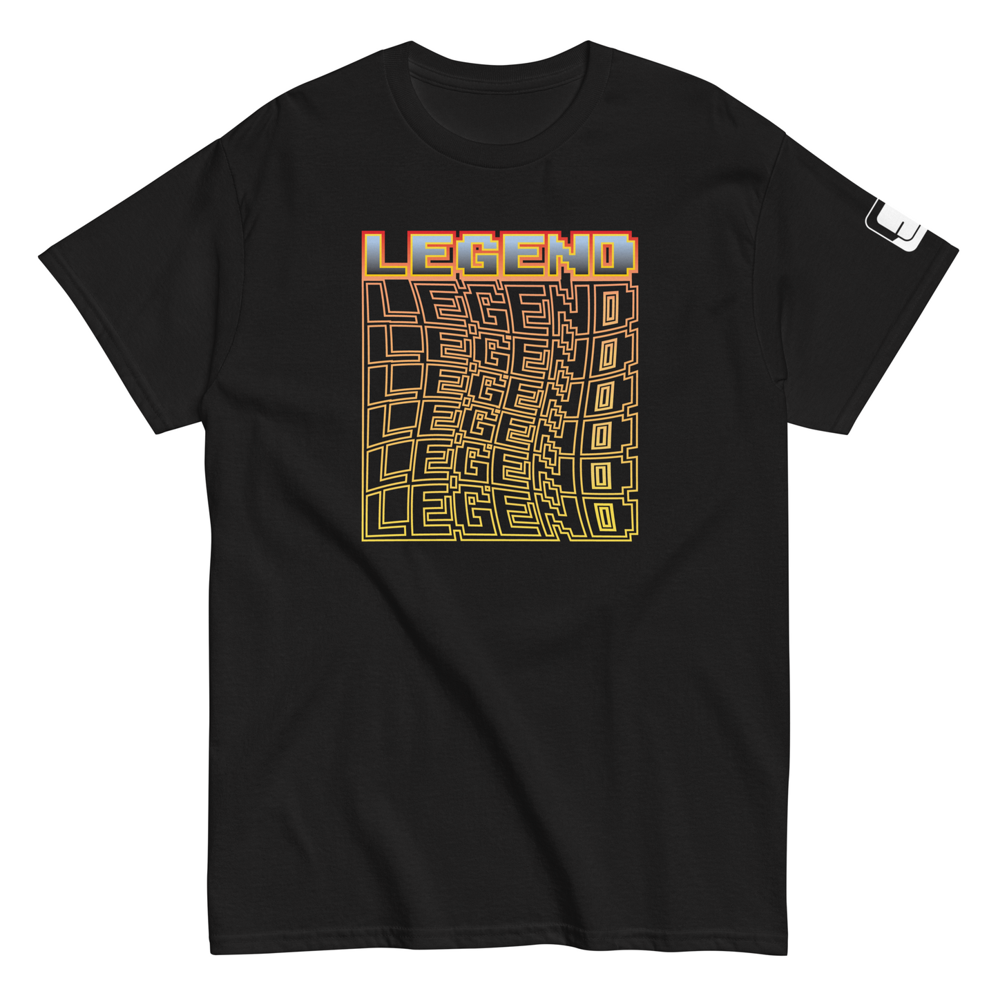 Black t-shirt featuring 'LEGEND' in a pixelated font that has a 3D design, against a white background.