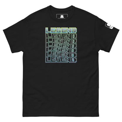 black t-shirt laid flat, showcasing a green-to-blue gradient 'LEGEND' text in a 3D cube illusion design, with a logo tag on the sleeve, against a clean white background.