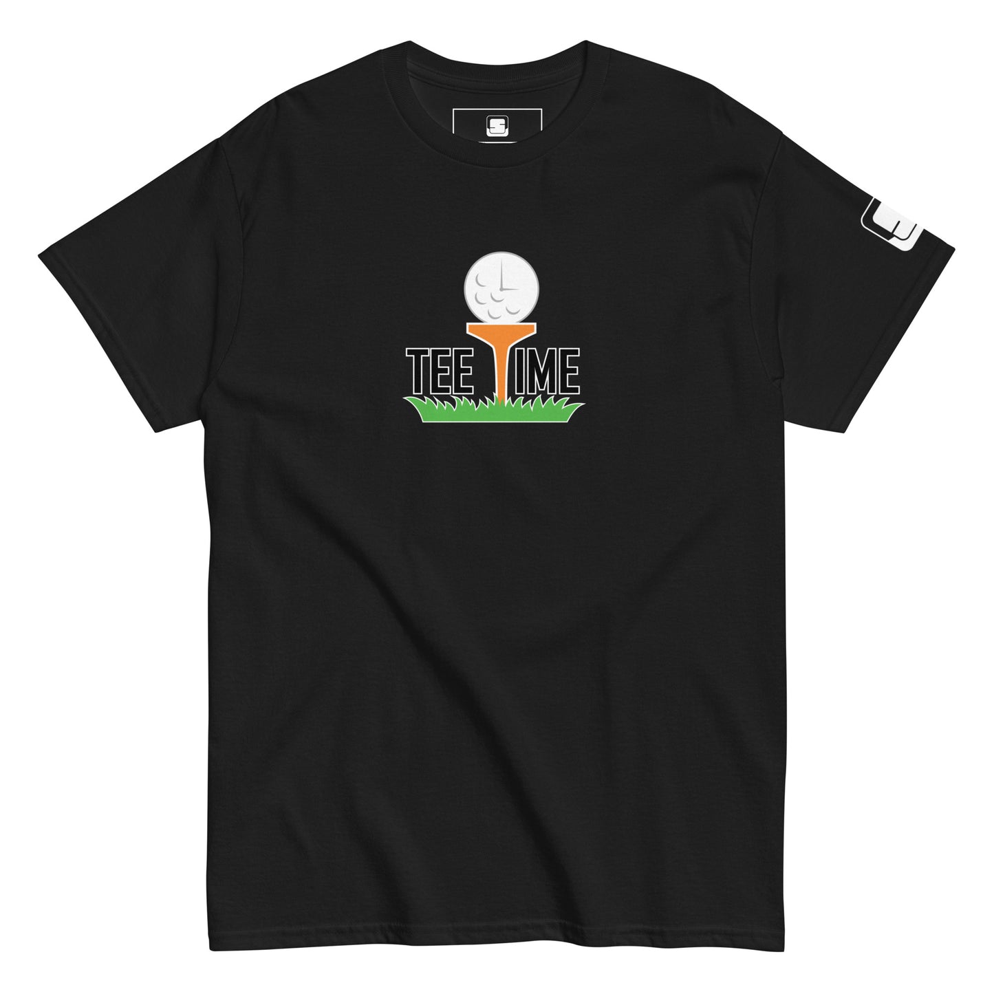 Black short-sleeved t-shirt with a 'Tee Time' graphic showing a golf ball character on grass on the chest and a small logo patch on the sleeve,  against a white background.
