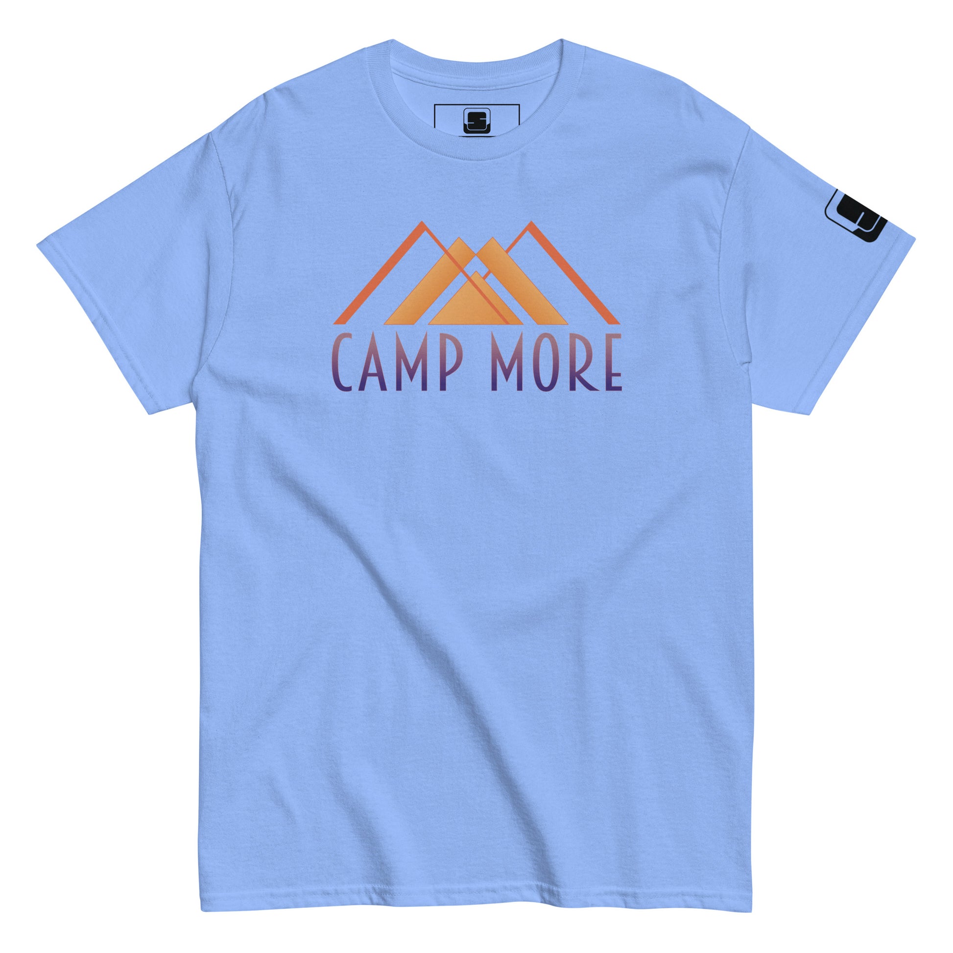 Carolina Blue t-shirt showcasing the 'CAMP MORE' phrase in purple with an orange mountain range illustration, complete with a black logo patch on the sleeve, isolated on a white background.