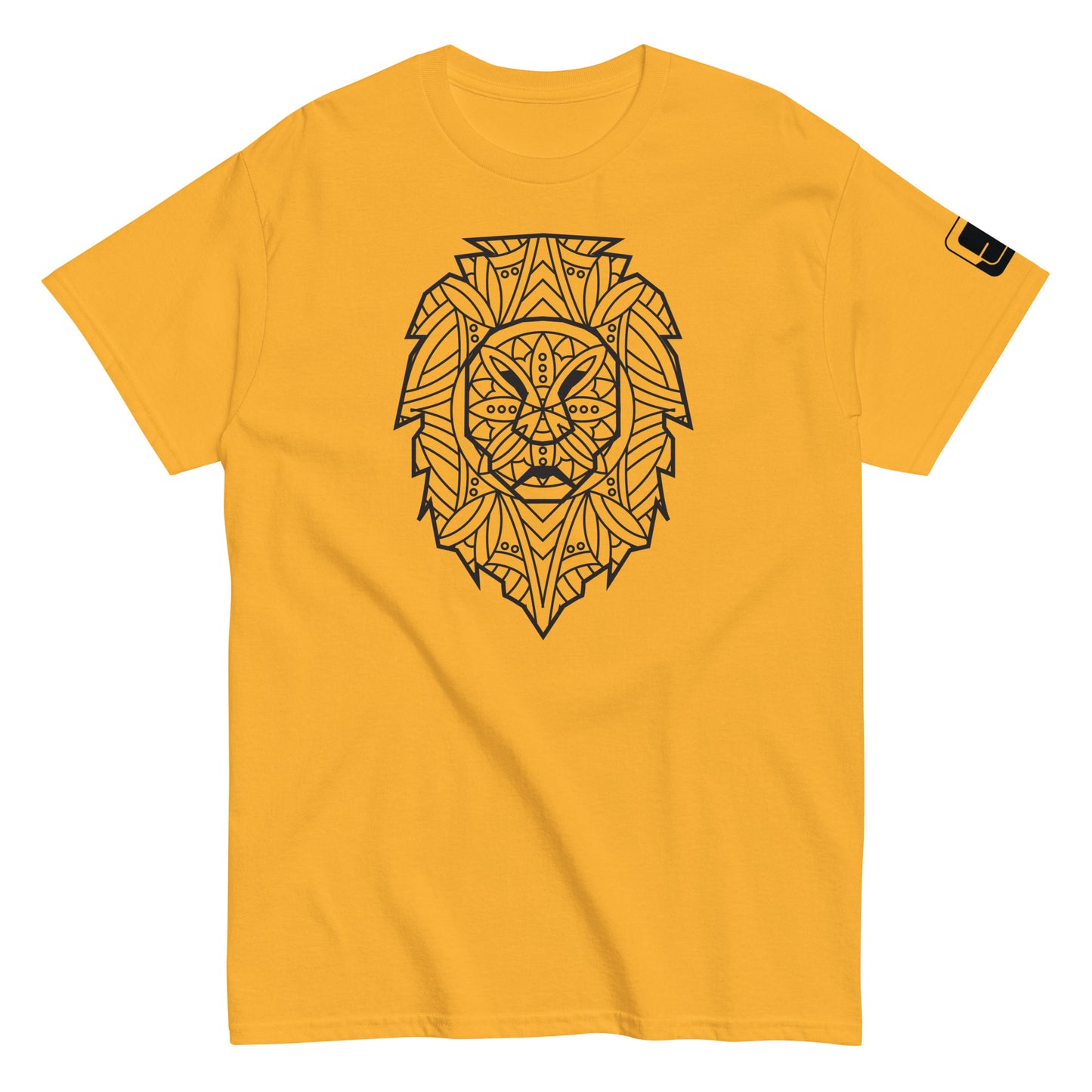 Gold colored t-shirt with a large black geometric lion head design on the chest and a small square logo patch on the sleeve, against a white background.