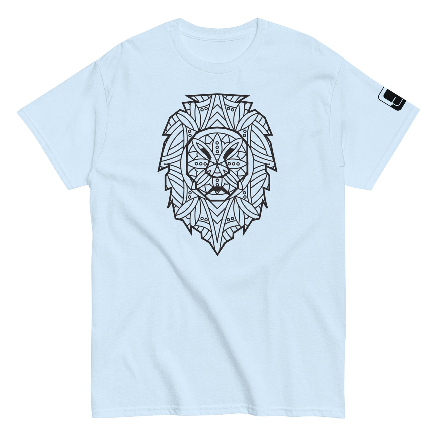 Light Blue colored t-shirt with a large black geometric lion head design on the chest and a small square logo patch on the sleeve, against a white background.