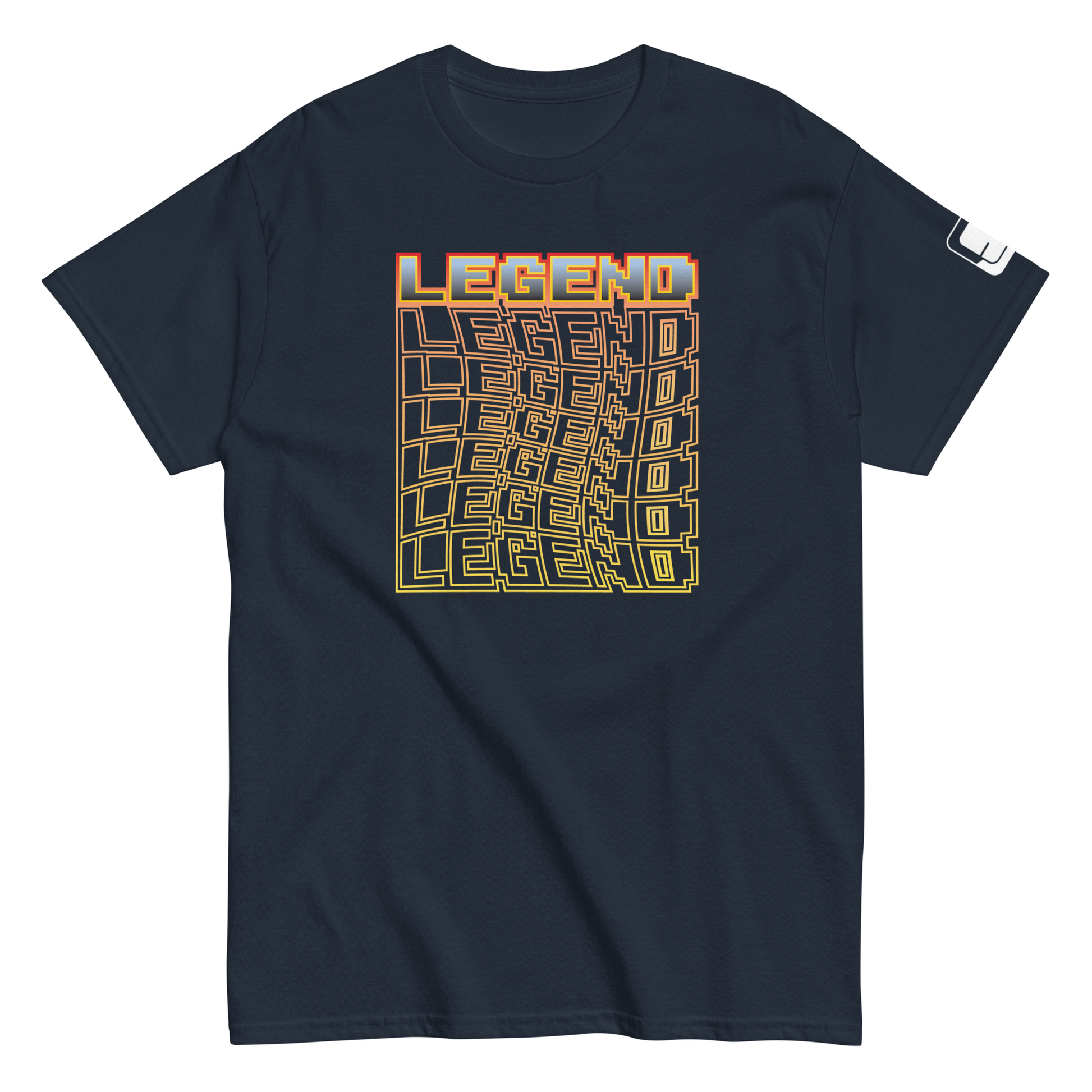 Navy t-shirt featuring 'LEGEND' in a pixelated font that has a 3D design, against a white background. 