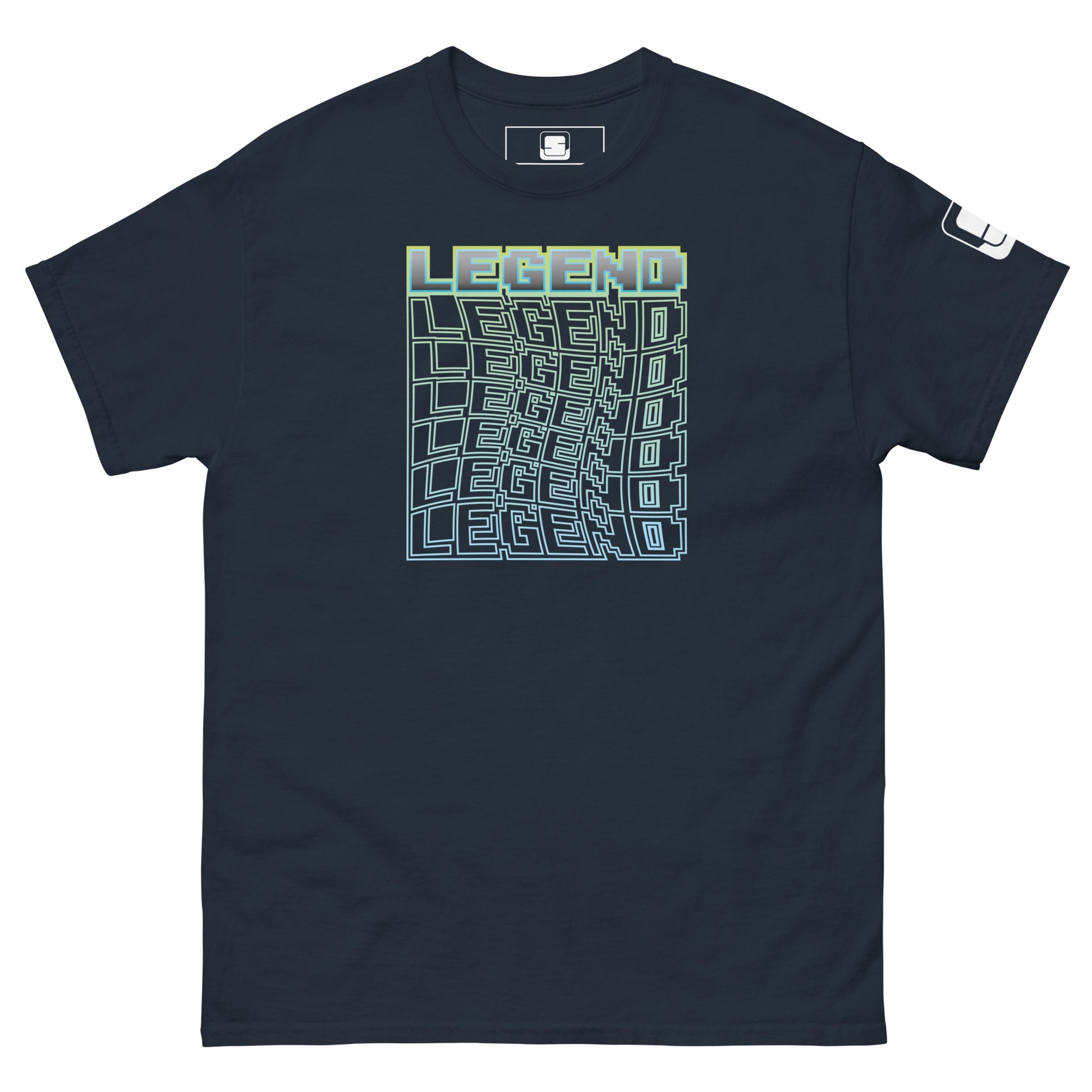 navy t-shirt laid flat, showcasing a green-to-blue gradient 'LEGEND' text in a 3D cube illusion design, with a logo tag on the sleeve, against a clean white background.