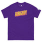 Purple t-shirt with the word 'ALRIGHTY' printed in a bold, red and yellow sans-serif font, featuring a small logo patch on the sleeve, laid flat against a white background.