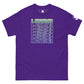 purple t-shirt laid flat, showcasing a green-to-blue gradient 'LEGEND' text in a 3D cube illusion design, with a logo tag on the sleeve, against a clean white background.