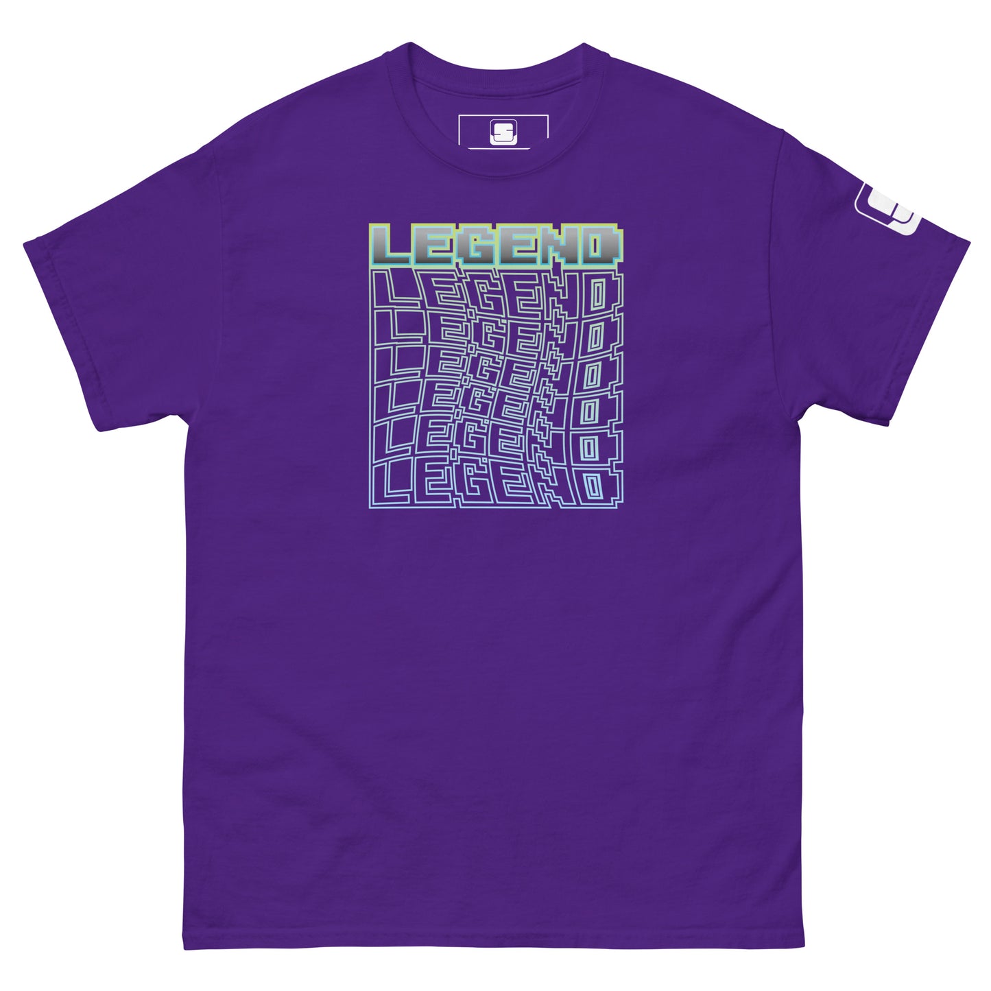 purple t-shirt laid flat, showcasing a green-to-blue gradient 'LEGEND' text in a 3D cube illusion design, with a logo tag on the sleeve, against a clean white background.