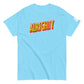 Sky t-shirt with the word 'ALRIGHTY' printed in a bold, red and yellow sans-serif font, featuring a small logo patch on the sleeve, laid flat against a white background.