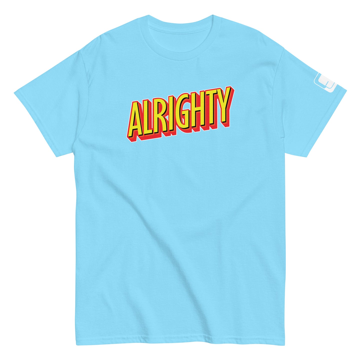 Sky t-shirt with the word 'ALRIGHTY' printed in a bold, red and yellow sans-serif font, featuring a small logo patch on the sleeve, laid flat against a white background.