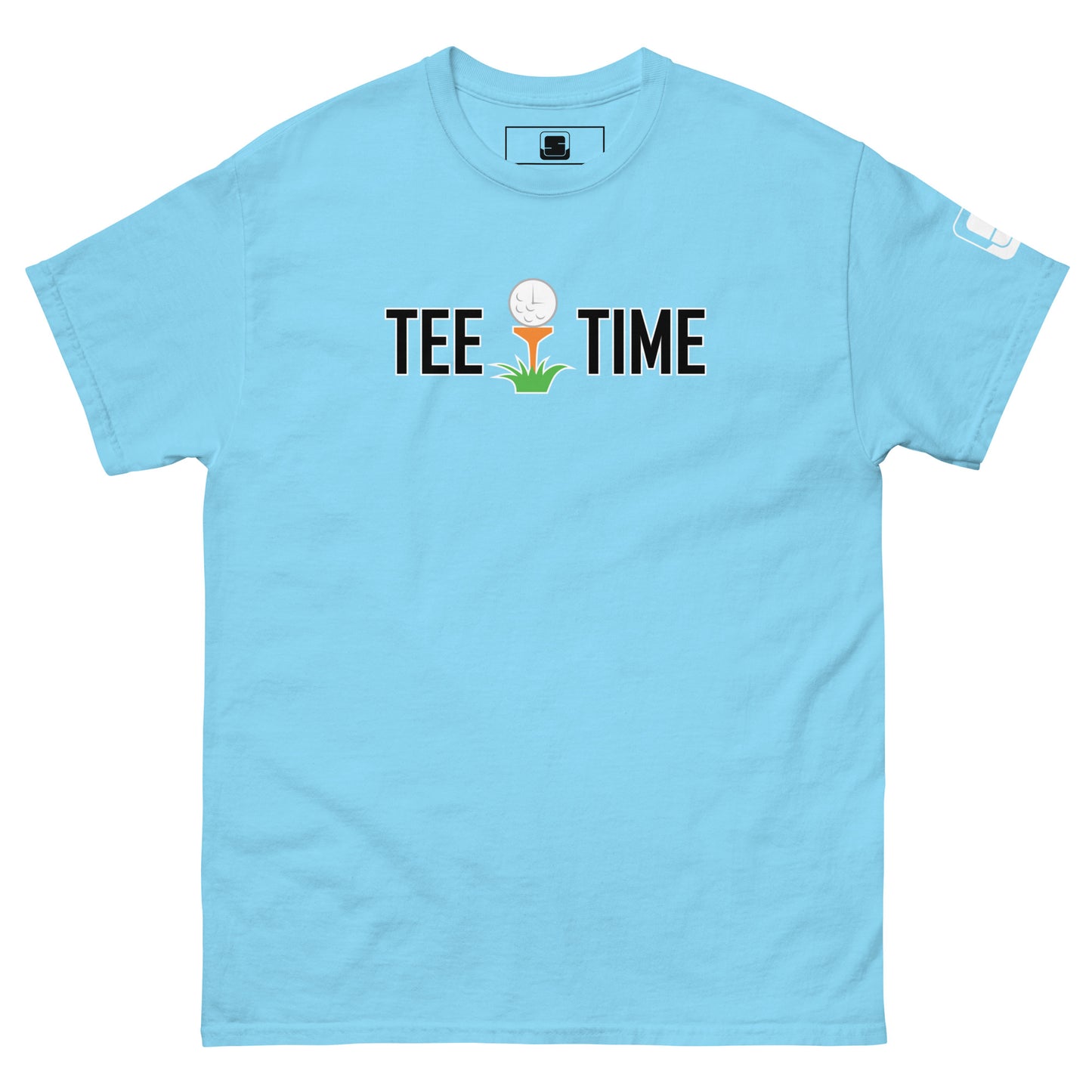 The image presents a sky blue t-shirt with the text "TEE TIME" and an image of a golf ball on a tee with a small green sprout at the base. The graphic is centered on the chest area. A small white logo appears on the right sleeve. The t-shirt is spread out flat to display its design clearly against a plain background, highlighting the vibrant color and the playful, golf-inspired motif