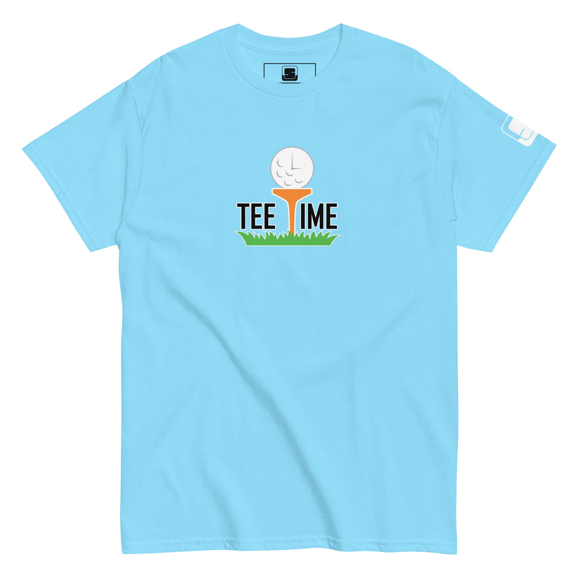 Light blue short-sleeved t-shirt with a 'Tee Time' graphic showing a golf ball character on grass on the chest and a small logo patch on the sleeve, against a white background.