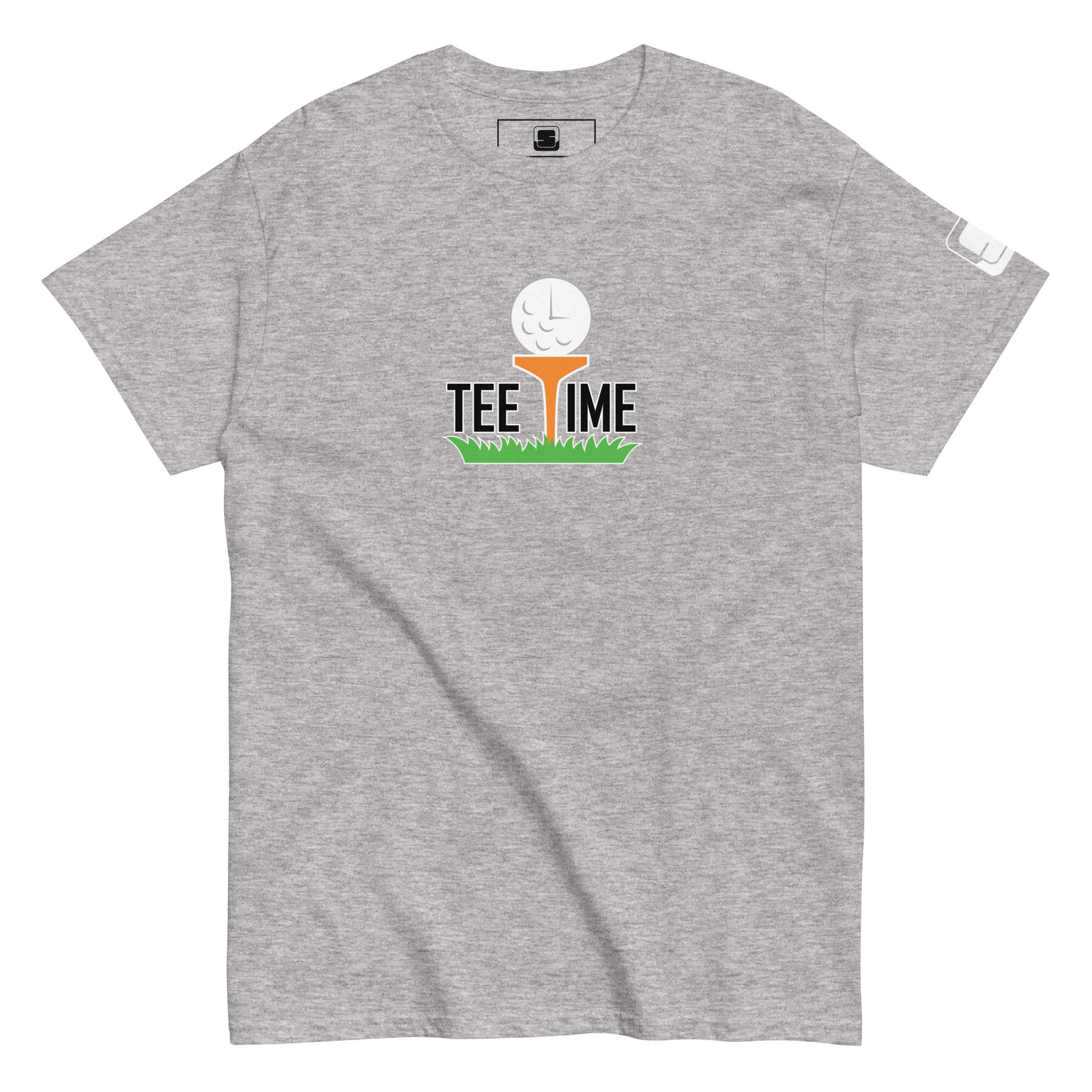  Grey short-sleeved t-shirt with a 'Tee Time' graphic showing a golf ball character on grass on the chest and a small logo patch on the sleeve, against a white background.