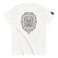 White t-shirt with a large black geometric lion head design on the chest and a small square logo patch on the sleeve, against a white background.