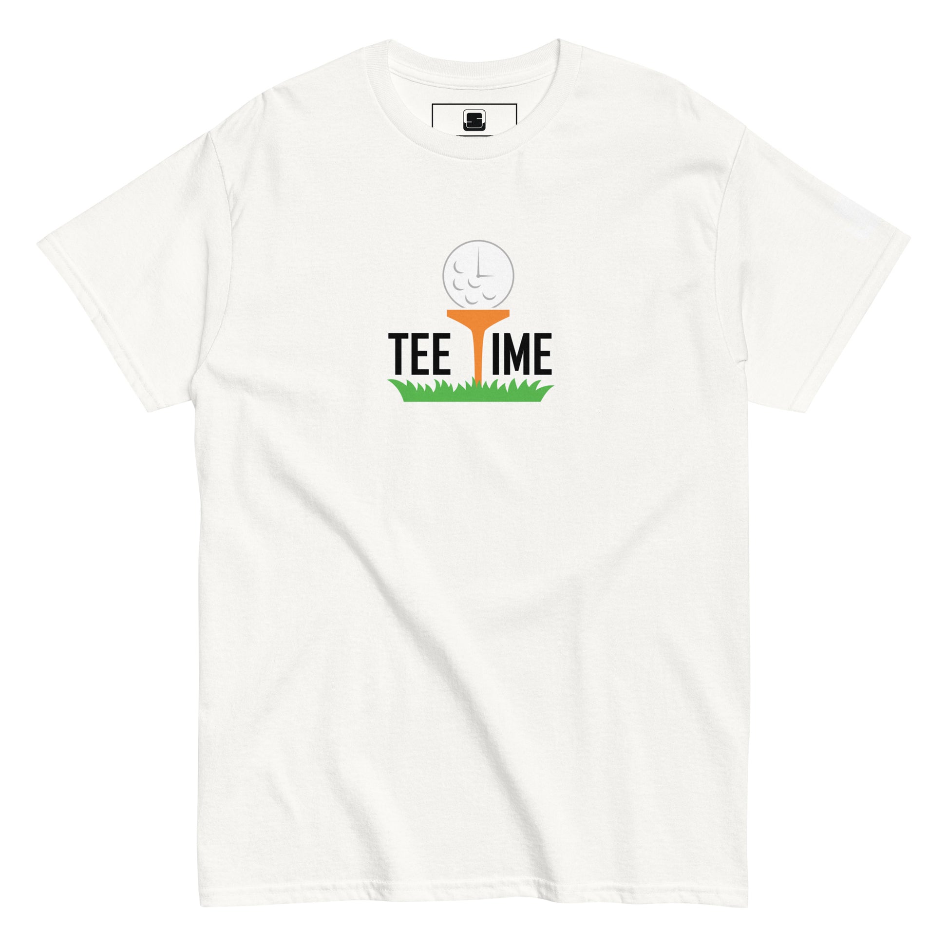 White short-sleeved t-shirt with a 'Tee Time' graphic showing a golf ball character on grass on the chest and a small logo patch on the sleeve, against a white background.