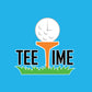 'Tee Time' graphic showing a golf ball character on grass on the chest and a small logo patch on the sleeve, against a blue background.