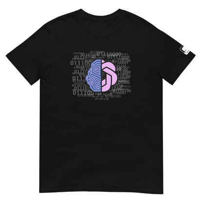 Black blue t-shirt featuring a pink and purple abstract geometric pattern in the center surrounded by binary numbers, with a small logo patch on the sleeve, presented on a plain white background.