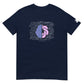 Navy blue t-shirt featuring a pink and purple abstract geometric pattern in the center surrounded by binary numbers, with a small logo patch on the sleeve, presented on a plain white background.