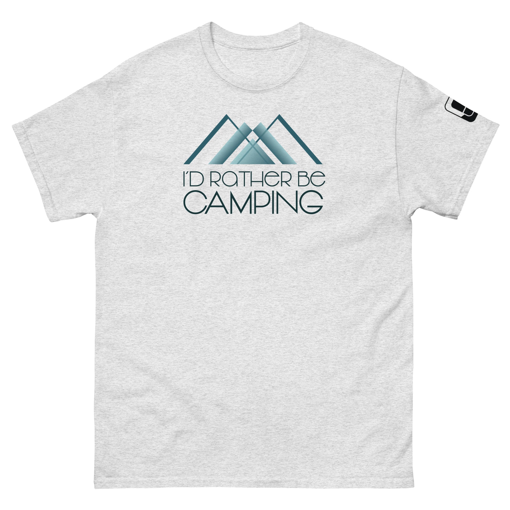 A heather gray t-shirt featuring a light teal graphic of two overlapping mountains with the phrase "I'D RATHER BE CAMPING" in black, stylish font centered below the mountains. The design is placed on the upper chest of the shirt, and there is a small logo patch on the right sleeve, enhancing the shirt's outdoorsy theme.