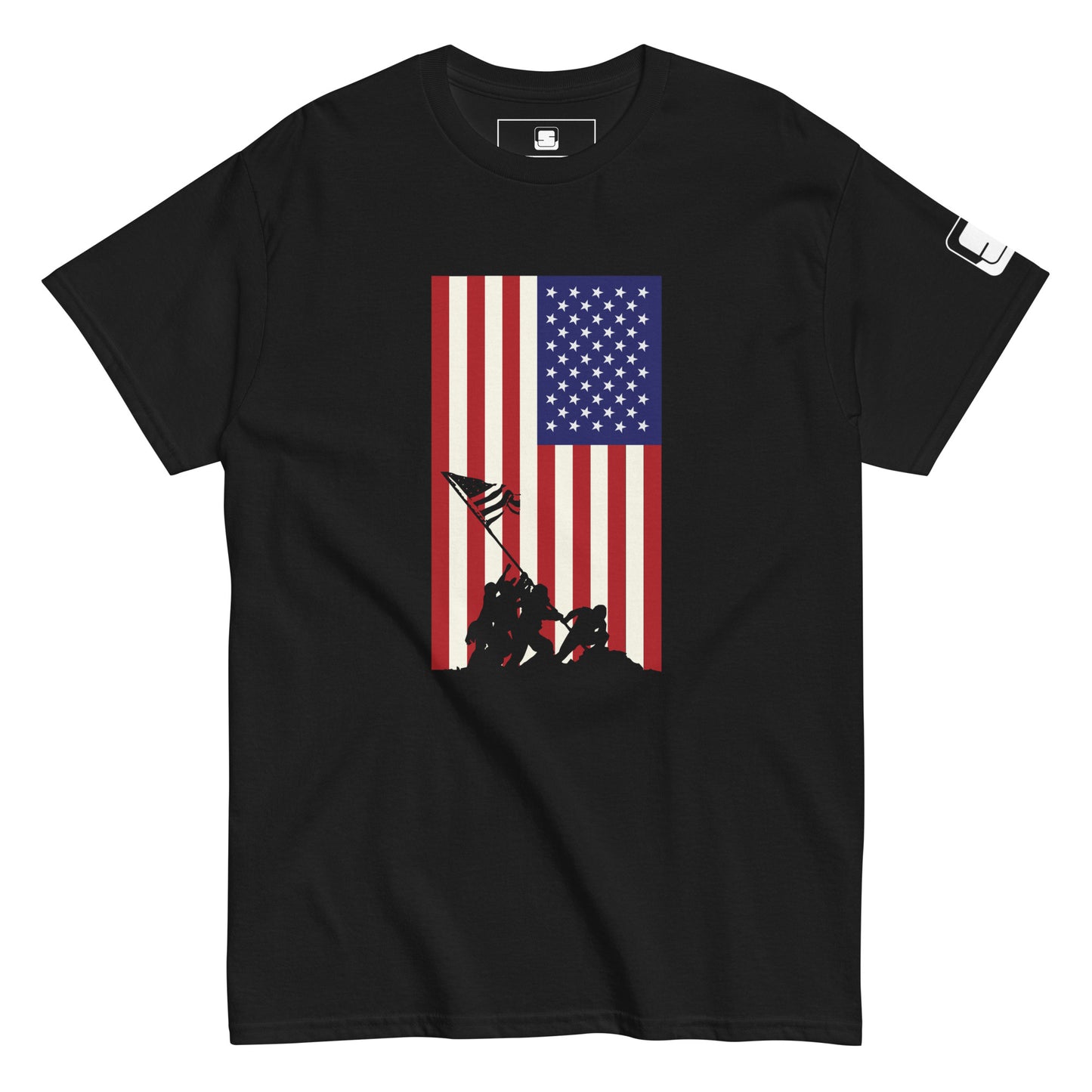 A black T-shirt prominently features a vertical American flag design with a blue upper left corner adorned with white stars and alternating red and white stripes. At the bottom of the flag, there is a black silhouette of the iconic Iwo Jima scene, depicting soldiers raising the flag. The graphic captures a sense of patriotism and historical significance, making it a strong visual statement on the fabric.