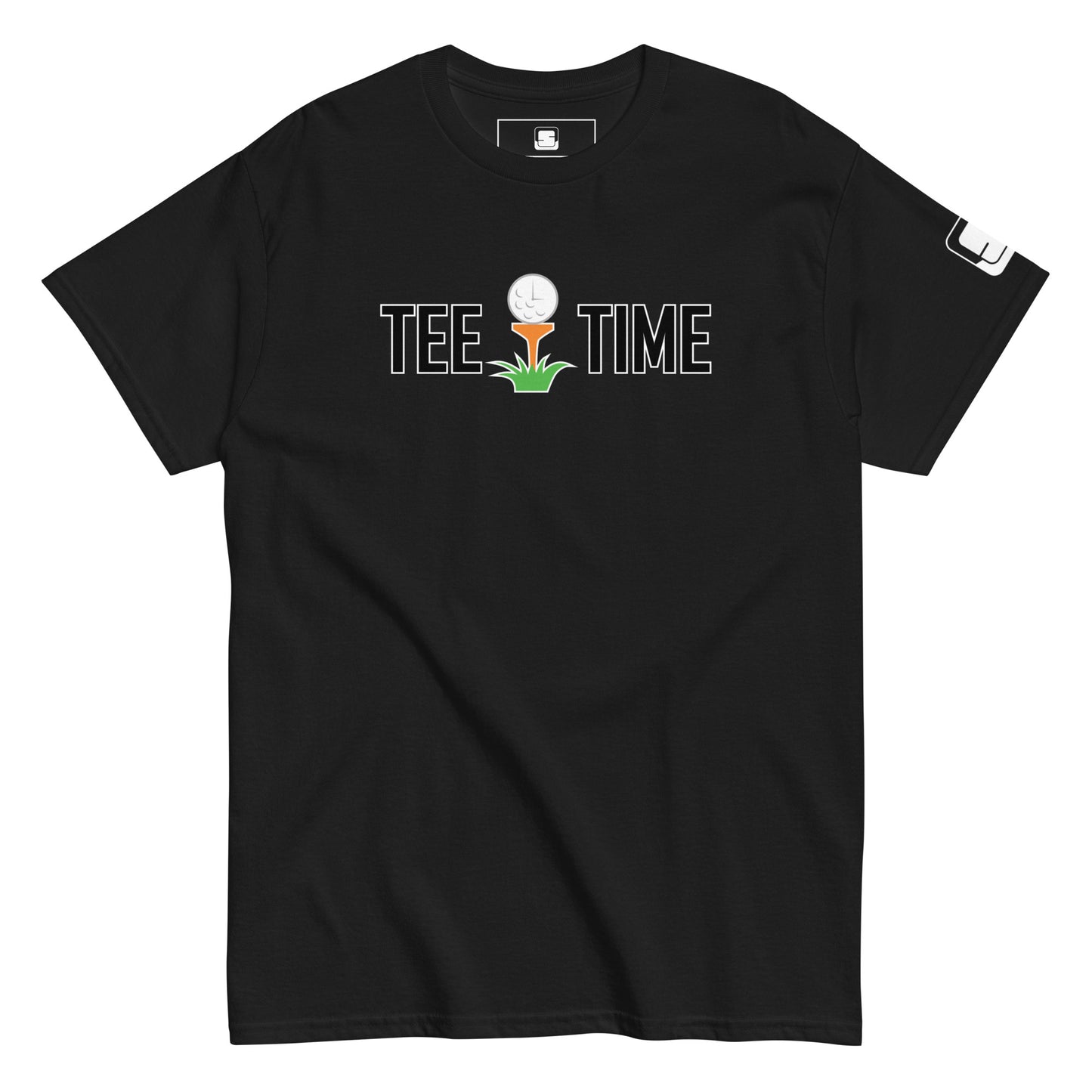  The image showcases a black t-shirt with the phrase "TEE TIME" in white letters, featuring a graphic of a golf ball on a tee with a small green plant below. A white square logo is on the right sleeve. The t-shirt is displayed flat, with its soft fabric texture slightly visible. The t-shirt's design contrasts sharply with the plain background, focusing attention on the playful golf-themed graphic.
