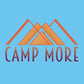 A graphic logo featuring the phrase 'CAMP MORE' in bold, stylized orange and purple letters. Above the text is an abstract illustration of three orange mountains, forming a symmetrical pattern against a soft blue background. The design is simple yet vibrant, conveying a theme of outdoor adventure and camping.