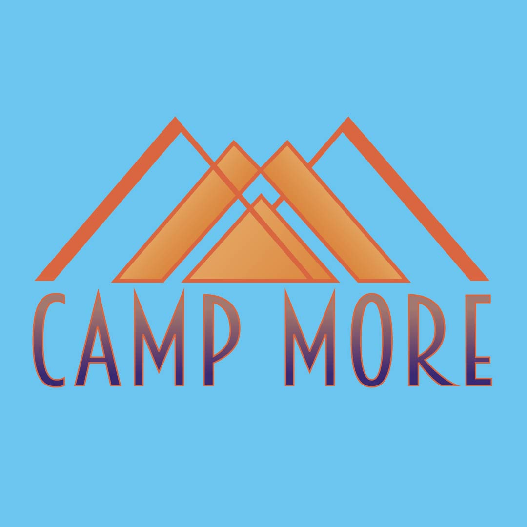 A graphic logo featuring the phrase 'CAMP MORE' in bold, stylized orange and purple letters. Above the text is an abstract illustration of three orange mountains, forming a symmetrical pattern against a soft blue background. The design is simple yet vibrant, conveying a theme of outdoor adventure and camping.